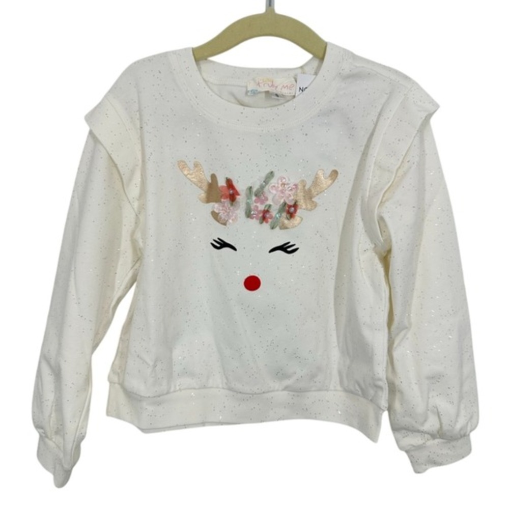 Kids Truly Me by Sara Sara Girls‎ Ivory Glitter Reindeer Face Sweater Size 6 NWT